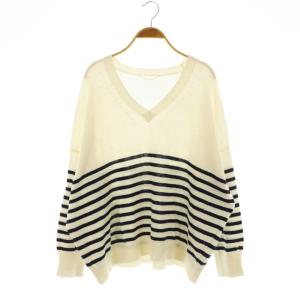 BORDER Vネックニット カットソー 長袖 リネン混 オフホワイト 紺 ネイビー /NR OS