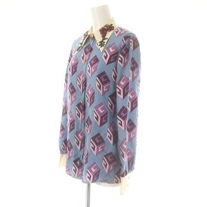 GUCCI シルクビジューキューブプリントシャツ 36 サックスブルー 480787