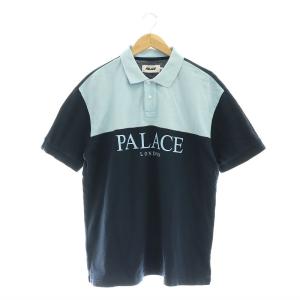 POUR DONPOLO ポロシャツ 半袖 ロゴプリント 切替 L 紺 水色 ネイビー ライトブルー