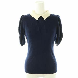 22AW 衿付ニットプルオーバー 半袖 36 ネイビー オフホワイト /DF OS SH
