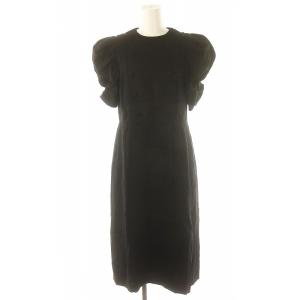 リネン ギャザースリーブ ワンピース ロング ミモレ 五分袖 38 黒 ブラック /MF OS