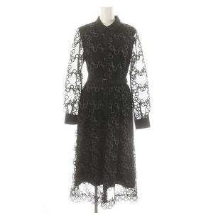 22AW チェーンembワンピース ロング マキシ丈 長袖 総柄 チュール ベルト付き 36 黒 ブラック