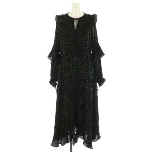 21AW プリーツフリルディティールワンピース ロング マキシ丈 長袖 総柄 インナー付き 0 黒 白