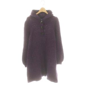 ウール ニットワンピース ひざ丈 長袖 フード付き ロゴ 38 S 紫 パープル