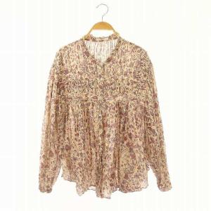 コットンフラワーギャザーブラウス 長袖 プルオーバー フロントボタン 34 S ベージュ ピンク /YQ