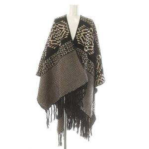 ニットブランケットショールジャケット ロング 総柄 黒 ブラック ベージュ /DO OS