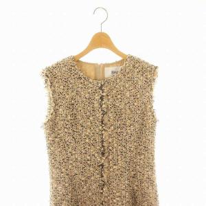 René ノースリーブ フリンジツイードワンピース ロング丈 ミモレ丈 ウール混 36 S ベージュ 黒 ブラック