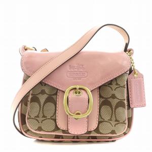 シグネチャー ショルダーバッグ レザー キャンバス ベージュ ピンク 11593