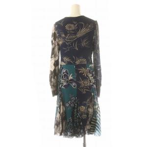 VIVIENNE TAM パワーネット Vネック フレアワンピース ロング 長袖 総柄 40 紺 マルチカラー