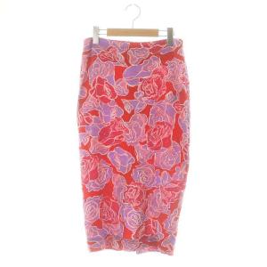 シルク混バックスリットフラワープリントスカート ロング タイト 4 赤 レッド マルチカラー /DO OS