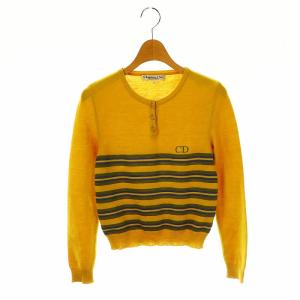 PRET-A-PORTER ボーダー ロゴ刺繍 ヘンリーネック ニット カットソー 長袖 M イエロー