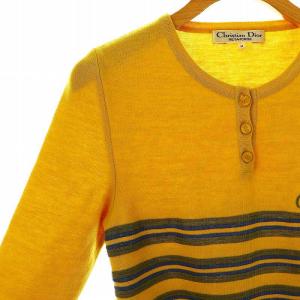 Christian Dior PRET-A-PORTER ボーダー ロゴ刺繍 ヘンリーネック ニット カットソー 長袖 M イエロー