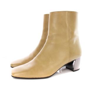 WD65359 ショートブーツ スクエアトゥ サイドジップ チャンキーヒール レザー 24cm ベージュ