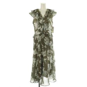 タグ付き キャンバスペイントプリントワンピース フリル ノースリーブ ロング丈 フラワー 花柄 総柄 1 M カーキ