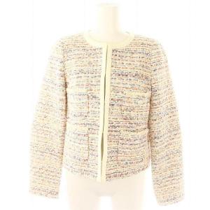 23SS スラブミックスツイードノーカラージャケット フリンジ 総裏地 38 オフホワイト マルチカラー