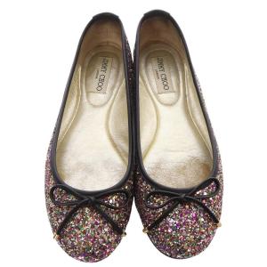 JIMMY CHOO グリッターフラットパンプス リボン 38 25cm 黒 ブラック ピンク