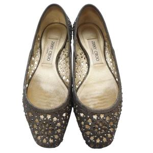 JIMMY CHOO ラインストーン 装飾カットアウト フラットパンプス 37.5 24.5cm グレー