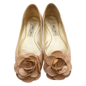 JIMMY CHOO フラワー装飾フラット パンプス 38 25cm ピンクべージュ