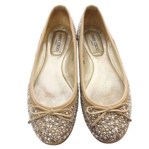 JIMMY CHOO ラインストーン 装飾 フラットパンプス リボン 38 25cm 茶色 ブラウン