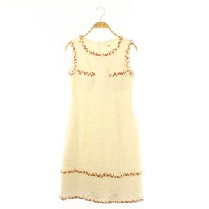 フラワーツイードドレス ワンピース ひざ丈 ノースリーブ 34 S 白 ホワイト /YQ OS