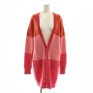 カシミヤ ウール 配色 ロングカーディガン 長袖 Vネック 2 M ピンク オレンジ /YQ OS