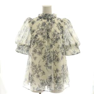 Sustainaオーガンシースルーブラウス 半袖 リボン ボリュームスリーブ チュール フレア 花柄 総柄 アイボリー グレー