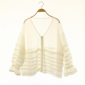 24SS シアーフリルニットカーディガン 長袖 Vネック ジップアップ 36 S 白 ホワイト /KO