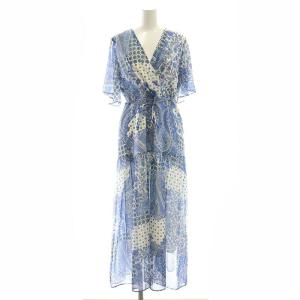 24SS ペイズリーカシュクールワンピース ロング丈 半袖 Vネック 36 青 ブルー 白 ホワイト