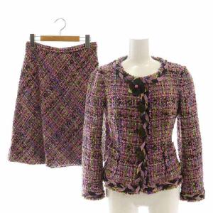 セットアップ 上下 2点セット ツイード フラワーモチーフ ノーカラージャケット スカート 膝丈 フレア