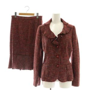 セットアップ 上下 2点セット ツイード テーラードジャケット スカート 膝丈 フレア 38 40 赤