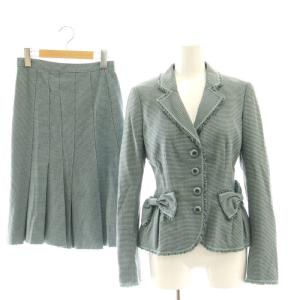 ジャケット スカート セットアップ シングル ロング丈 ミモレ丈 リボン 千鳥柄 USA4 S 緑 グリーン