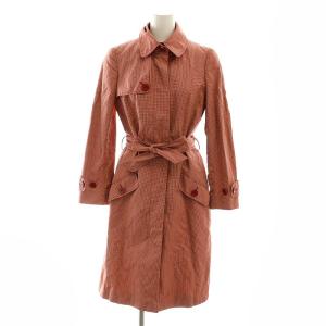 千鳥格子スプリングコート ロング ステンカラー 総裏地 USA6 赤 レッド アイボリー /DO OS