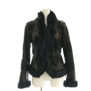 ラムレザージャケット ラビットファー アウター 総裏地 花柄 40 黒 ブラック