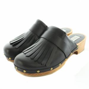 SUNNY サニー サンダル ミュール フリンジ レザー サボ ウッドヒール 38 黒 ブラック OS