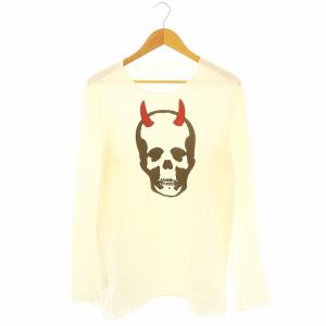 スカルプリントカットソー Tシャツ 長袖 ラインストーン XL オフホワイト 茶色 赤