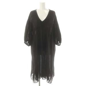 ワンピース 長袖 Vネック レース装飾 コットン シルク混 シアー ミモレロング 黒 ブラック /AQ