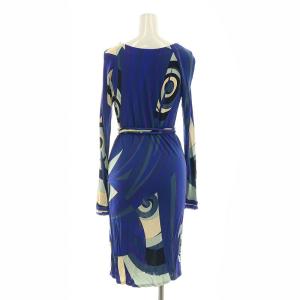Emilio Pucci プッチ柄 レーヨンワンピース 長袖 ひざ丈 38 XS 青 ブルー