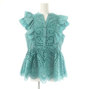 フリルスタンドブラウス ペプラム ノースリーブ Vネック スカラップ カットワーク 38 M ライトグリーン