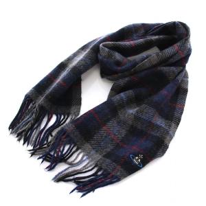 チェック マフラー ストール オーブ刺繍 グレー ネイビー