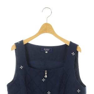 M'S GRACY 小花柄 ジャガード ワンピース ロング丈 ミモレ丈 ノースリーブ 42 XL 紺 ネイビー