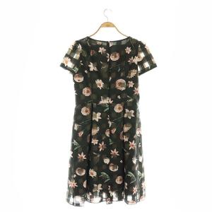 M'S GRACY Organdy Flower Dress ワンピース 半袖 ひざ丈 リボン フラワー 花柄 チェック柄 総柄 42 XL 黒