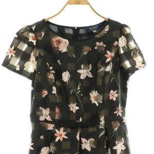 M'S GRACY Organdy Flower Dress ワンピース 半袖 ひざ丈 リボン フラワー 花柄 チェック柄 総柄 42 XL 黒