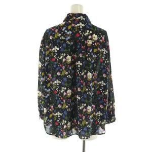 Leilian フラワー総柄 シャツ フレアスカート セットアップ 上下 長袖 前開き ロング タック 大きいサイズ 13+ 黒 マルチカラー