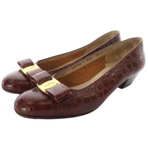 ヴァラ リボン 型押しパンプス チャンキーヒール 7.5 25cm ボルドー /SR35 SH