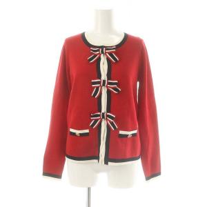 ×Chay コラボ リボン配色カーディガン ニット クルーネック 長袖 ウール混 赤 レッド