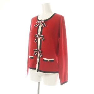 Chesty ×Chay コラボ リボン配色カーディガン ニット クルーネック 長袖 ウール混 赤 レッド