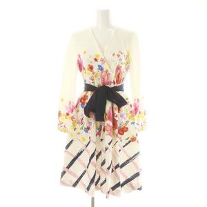 タグ付き プリント カシュクール ワンピース フレア ひざ丈 長袖 フラワー 花柄 チェック柄 0 XS