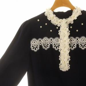 Chesty パールフラワーブラウス 長袖 レース 花モチーフ プルオーバー 0 紺 ネイビー 白 ホワイト