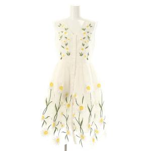 マーガレット刺繍ワンピース 膝丈 ノースリーブ Vネック シアー 0 オフホワイト マルチカラー /DO