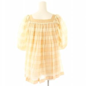 Drawer コットンシルクチェックギャザーブラウス 半袖 36 サーモンピンク オフホワイト